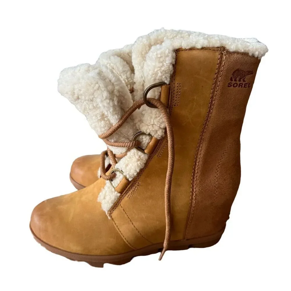 Sorel Joan Of Arctic Wedge Shearling 9.5 Boots Leather Camel